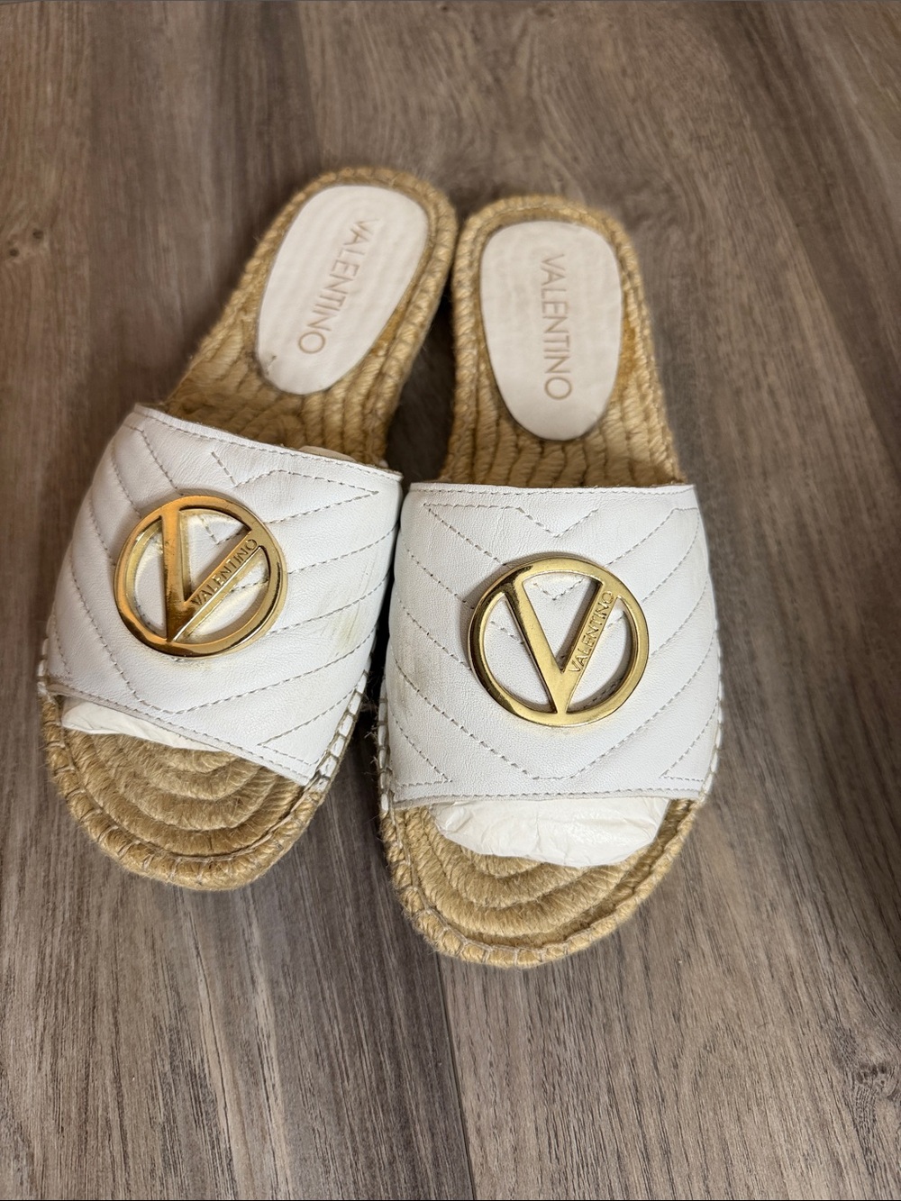Valentino White Quilted Leather Slide Mules with Gold V Logo